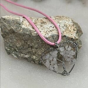 Pink Rose Quartz Heart Tree Pendant Necklace